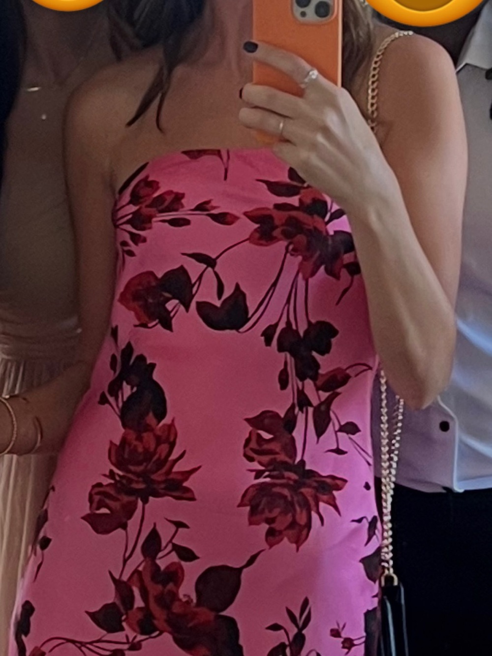 Strapless Pink Floral Midi Dress with Dark Rose Print